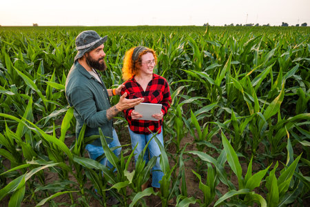 Family agricultural occupation. Man and woman are cultivating corn. They are satisfied with good progress of plants.の写真素材