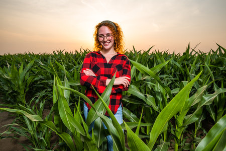Portrait of female farmer who is cultivating corn. She is satisfied with good progress of plants. Agricultural occupation.の写真素材