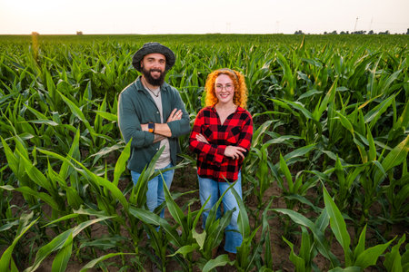 Family agricultural occupation. Man and woman are cultivating corn. They are satisfied with good progress of plants.の写真素材