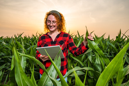 Portrait of female farmer who is cultivating corn. She is satisfied with good progress of plants. Agricultural occupation.の写真素材
