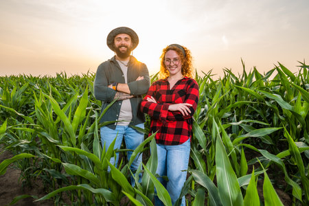 Family agricultural occupation. Man and woman are cultivating corn. They are satisfied with good progress of plants.の写真素材