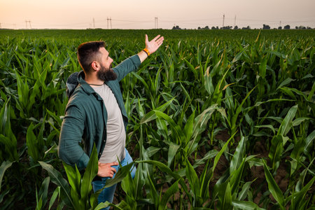 Portrait of farmer who is cultivating corn. He is satisfied with good progress of plants. Agricultural occupation.の写真素材