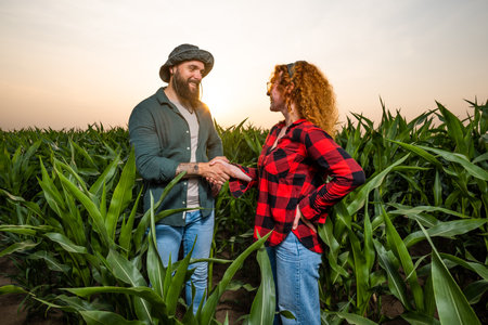 Family agricultural occupation. Man and woman are cultivating corn. They are satisfied with good progress of plants.の写真素材