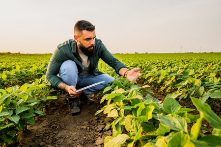 Portrait of farmer who is cultivating soybean. He is examining the progress of plants. Agricultural occupation.の写真素材