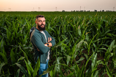 Portrait of farmer who is cultivating corn. He is satisfied with good progress of plants. Agricultural occupation.の写真素材