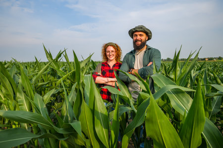 Portrait of farmers who are cultivating corn. Agricultural occupation.の写真素材