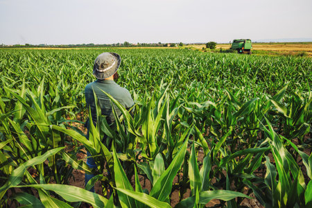 Portrait of farmer who is cultivating corn. Agricultural occupation.の写真素材