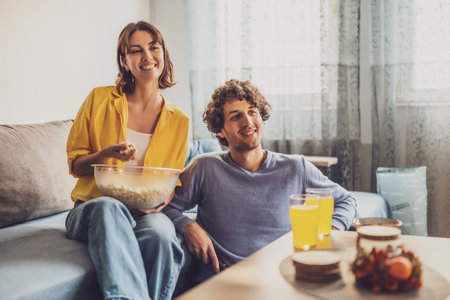 Portrait of young happy couple who is relaxing and watching TV at home.の写真素材