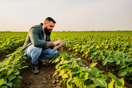 Portrait of farmer who is cultivating soybean. He is satisfied with good progress of plants. Agricultural occupation.の写真素材