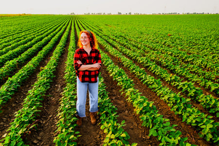 Portrait of female farmer who is cultivating soybean. She is satisfied with good progress of plants. Agricultural occupation.の写真素材