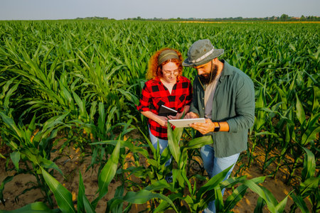 Portrait of farmers who are cultivating corn. They are examining progress of the plants. Agricultural occupation.の写真素材