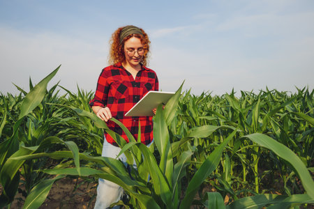 Portrait of female farmer who is cultivating corn. She is examining progress of plants. Agricultural occupation.の写真素材