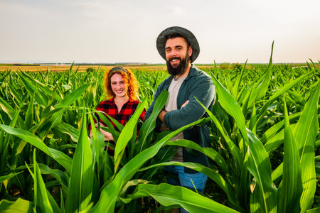 Family agricultural occupation. Man and woman are cultivating corn. They are satisfied with good progress of plants.の写真素材