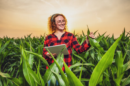 Portrait of female farmer who is cultivating corn. She is satisfied with good progress of plants. Agricultural occupation.の写真素材