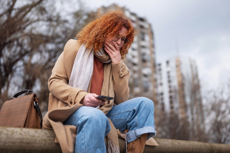 Natural portrait of a caucasian ginger woman with freckles and curly hair. She is depressed.の写真素材