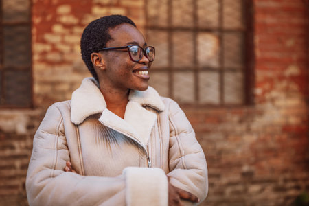 Outdoor portrait of happy smiling african-american woman.の写真素材