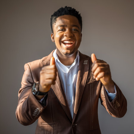 Portrait of happy businessman who is smiling and showing thumbs up.の写真素材