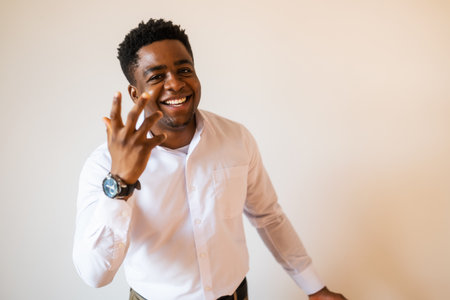 Portrait of happy and excited man. Copy space on image for your text or advert.の写真素材