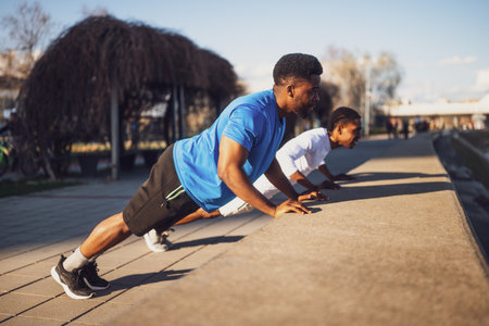 Two friends are exercising in the city. They are doing push-ups.