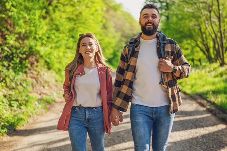 Happy couple hiking in nature on sunny day. Couple holding hands and walking on road.