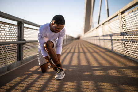 Young man stretching before jogging on a bridge in the morning.の写真素材
