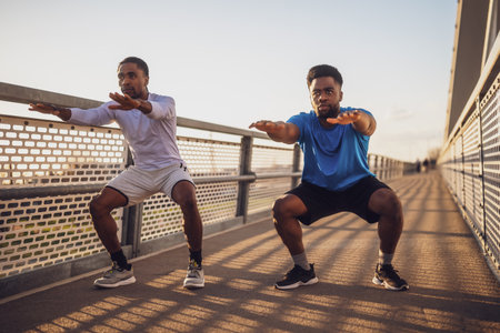 Two african american men in sportswear doing stretching exercises on the bridgeの写真素材
