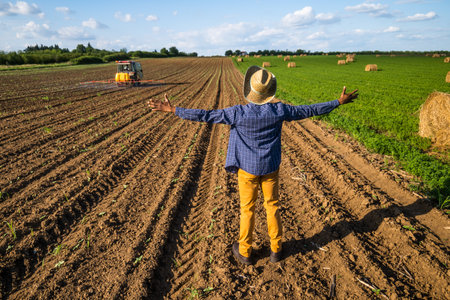 Rear view of farmer standing with raised hands and looking at fieldの写真素材