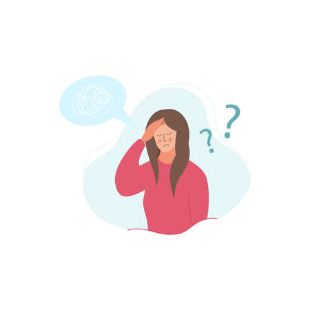Woman in depression with bewildered thoughts in her mind. Young sad girl hold up her head with any questionのイラスト素材