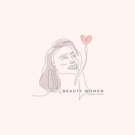 Beauty Women continuous line icon logo design vector. Cute women, monoline icon logo vector illustration templateのイラスト素材