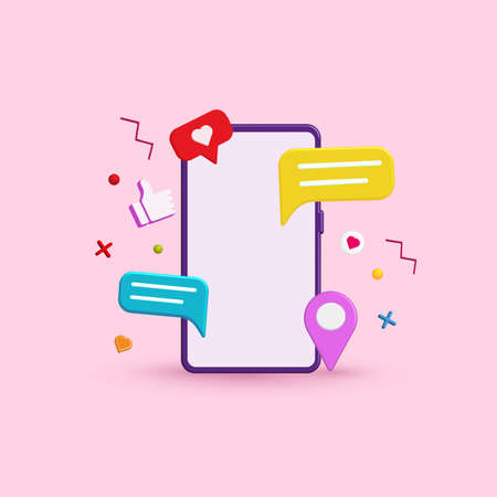 Smartphone with modern trendy color and social network icons 3d vector. Abstract social media and technology at pastel color backgroundのイラスト素材