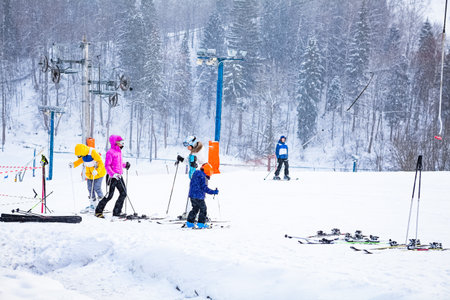 Skiing on snowy russian ski slopeのeditorial素材