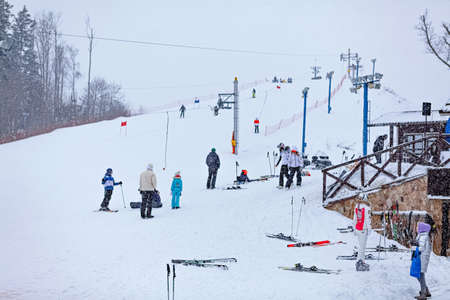 Skiing on snowy russian ski slopeのeditorial素材