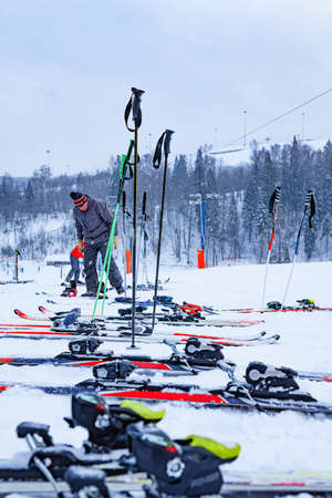 Ski storage on snowy ski slope in Russiaのeditorial素材