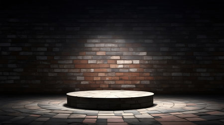 pedestal backdrop with a natural stone and brickwall show scene, minimalist podium background, abstract empty product displayの素材