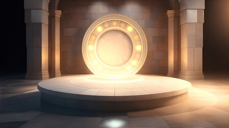 pedestal backdrop with a natural stone and brickwall show scene, minimalist podium background, abstract empty product displayの素材