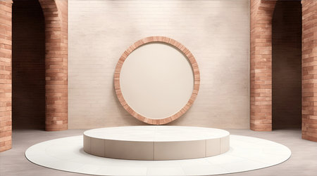 pedestal backdrop with a natural stone and brickwall show scene, minimalist podium background, abstract empty product displayの素材