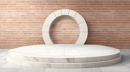 pedestal backdrop with a natural stone and brickwall show scene, minimalist podium background, abstract empty product displayの素材