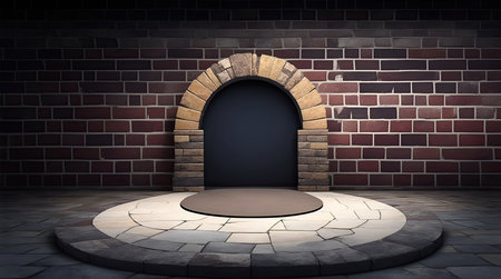 pedestal backdrop with a natural stone and brickwall show scene, minimalist podium background, abstract empty product displayの素材