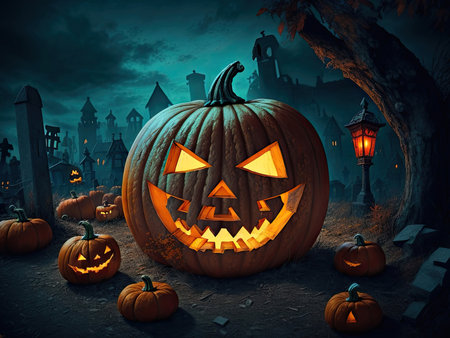 Halloween pumpkins and jack o lanterns on dark creepy background and beautiful misty atmosphere,. Generative AIの素材
