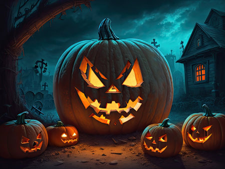 Halloween pumpkins and jack o lanterns on dark creepy background and beautiful misty atmosphere,. Generative AIの素材