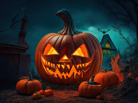 Halloween pumpkins and jack o lanterns on dark creepy background and beautiful misty atmosphere,. Generative AIの素材