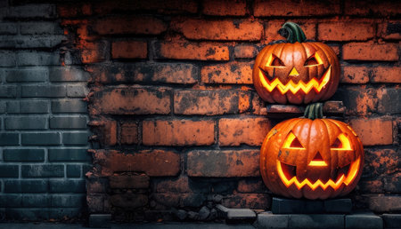 jack o lantern on a brick wall as a background for halloween day celebrationの素材