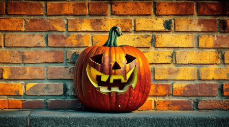 jack o lantern on a brick wall as a background for halloween day celebrationの素材