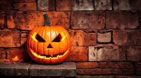 jack o lantern on a brick wall as a background for halloween day celebrationの素材