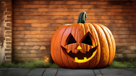 jack o lantern on a brick wall as a background for halloween day celebrationの素材