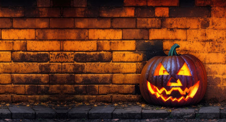 jack o lantern on a brick wall as a background for halloween day celebrationの素材