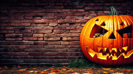 jack o lantern on a brick wall as a background for halloween day celebrationの素材