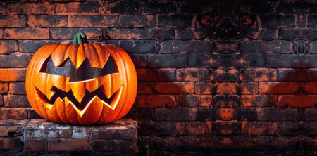 jack o lantern on a brick wall as a background for halloween day celebrationの素材