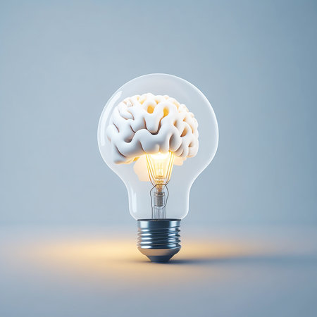 Human brain glowing inside of light bulb on dark backgroundの素材