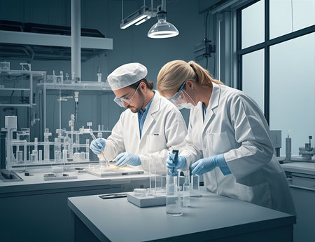 Images portray scientists using tools such as PCR, gene sequencing, or protein analysis methods in biotechnological researchの素材